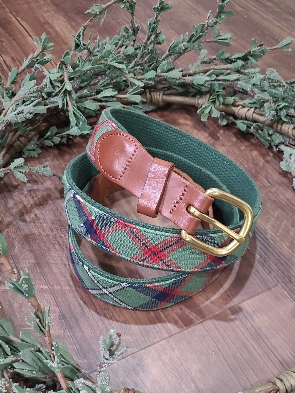Green Plaid Canvas Belt with Leather Tip Brass Hardware 41